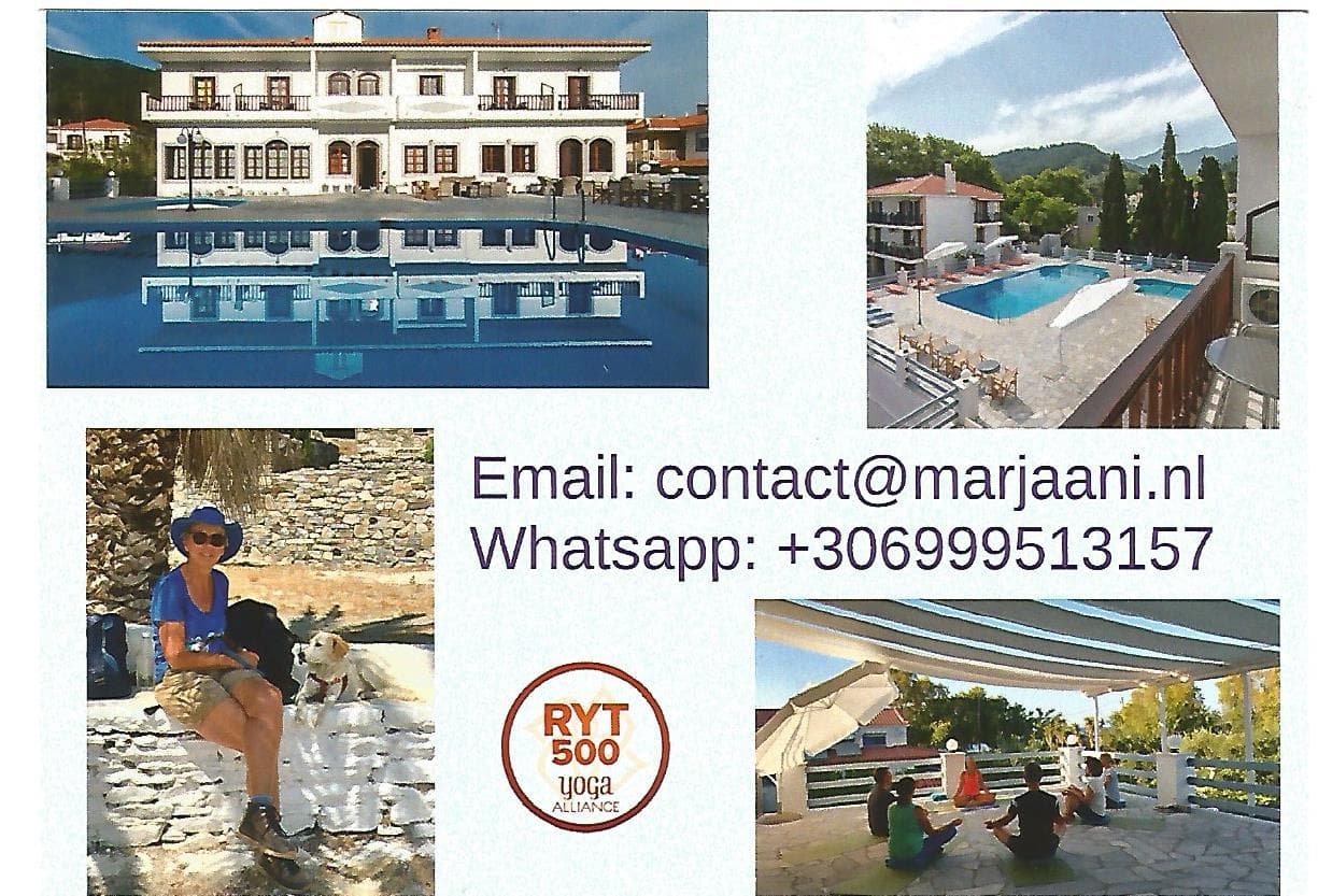 Collage van een yogaretreat met beelden van een accommodatie met zwembad, een vrouw met honden, een yogasessie in de buitenlucht en contactinformatie.