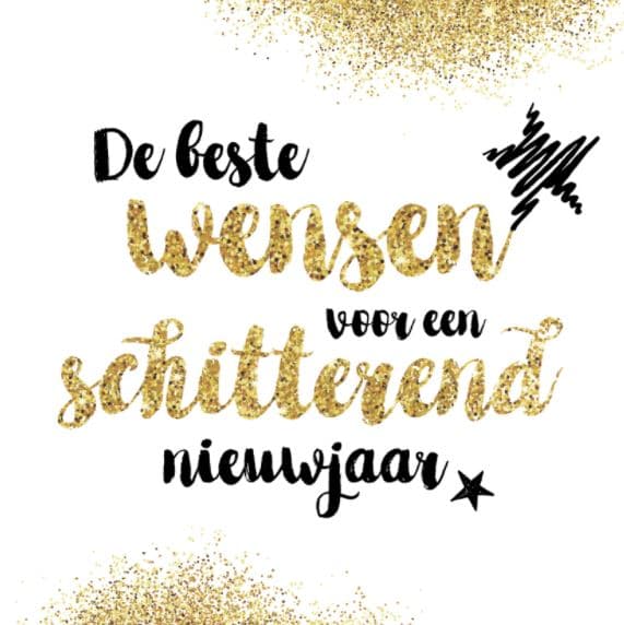 Nieuwjaarsgroet met de tekst "De beste wensen voor een schitterend nieuwjaar" in zwarte en goudglitterletters.